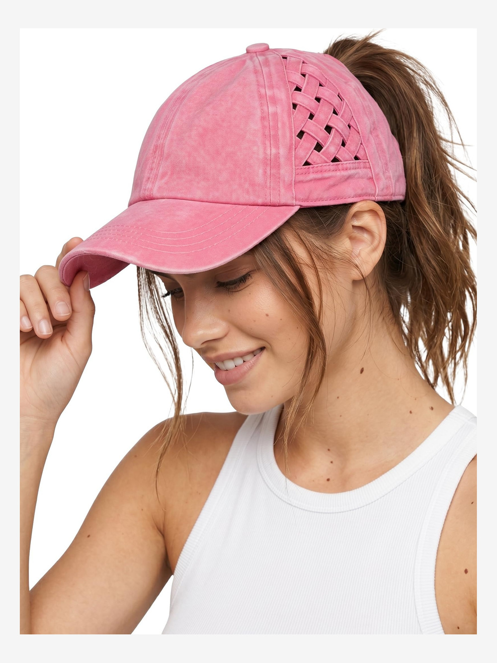 Criss Cross Ponytail Cap, Messy Bun Distressed | Basketweave, Pink | Size OS